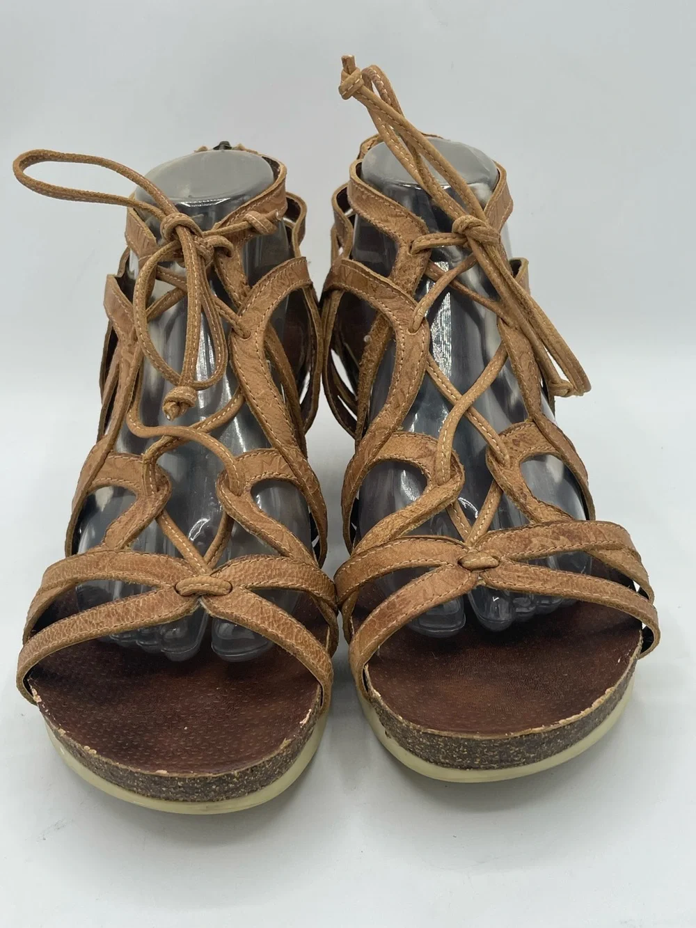 OTBT Nomadic Leather Tan Lace-Up Strappy Wedge Sandals.